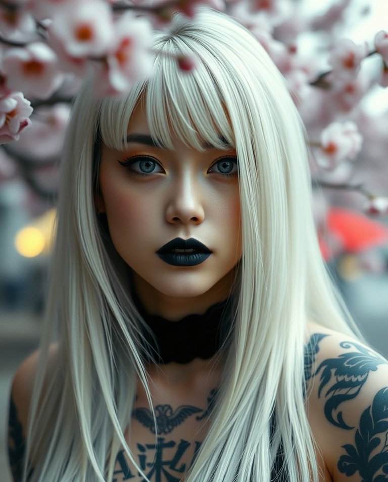 Film-style portrait, a 27-year-old Japanese gothic woman with long white hair, grey eyes, and black lipstick, displaying Yakuza tattoos. Soft cinematic haze, Tokyo’s cherry blossoms softly blurred in the background.jpg