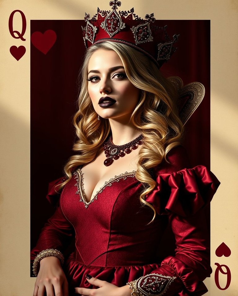 A Queen of Hearts card in a dark burgundy boudoir style, showing a blonde queen with dark lipstick, a proud expression, burgundy hearts, and a card-patterned dress. Strong hard light creates direct, harsh shadows w.jpg