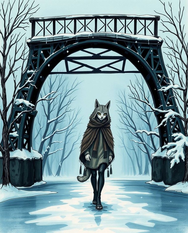 Eerie, creepy atmosphere. Hand-drawn sketch in color sketchnote style, dark tones, unsettling details. Anthropomorphic cat-woman with fluffy tail, graceful features, warm winter cloak, walking on snow-covered ice. .jpg