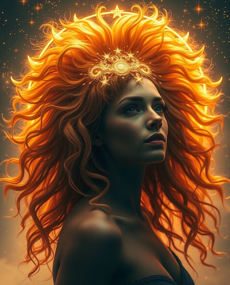 A professional photograph, unusual and original fine art style, showing a radiant woman at the center of a majestic Leo constellation, her hair a glowing lion’s mane in celestial golds and fiery hues, strong hard l.jpg