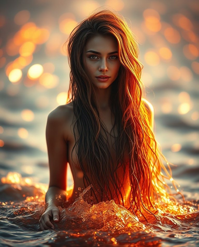 Photorealistic image, blurred bokeh effect, warm tones. A woman with long, flowing seaweed-like hair rises from the ocean, radiating golden embers.  Reds, oranges, yellows, sharp subject, soft background.jpg