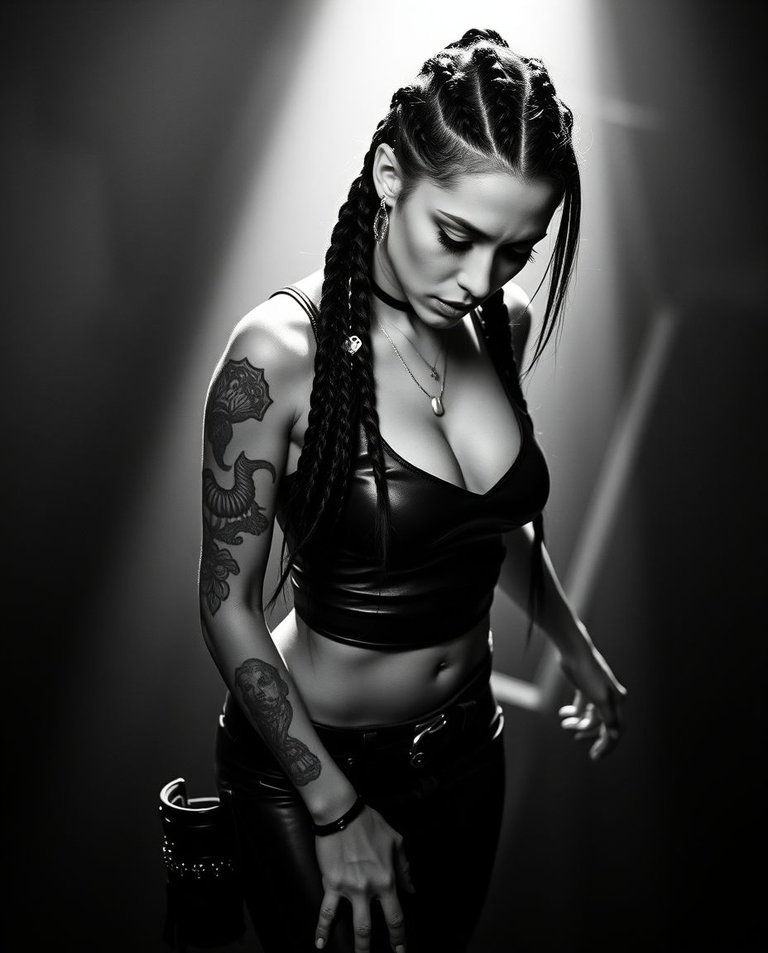 High contrast, low key lighting, high angle perspective, cyberpunk goddess in stop-frame style. Tall, athletic physique, hip-hop diva pose, Chicano tattoos, long braids, fitted leather top. Fair skin, flawless feat.jpg