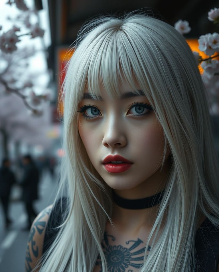 Close-up shot of a 27-year-old Japanese woman with long white hair, grey eyes, and black lipstick, featuring prominent Yakuza tattoos. Soft cinematic lighting and a hazy background showcasing Tokyo’s cherry blossom.jpg