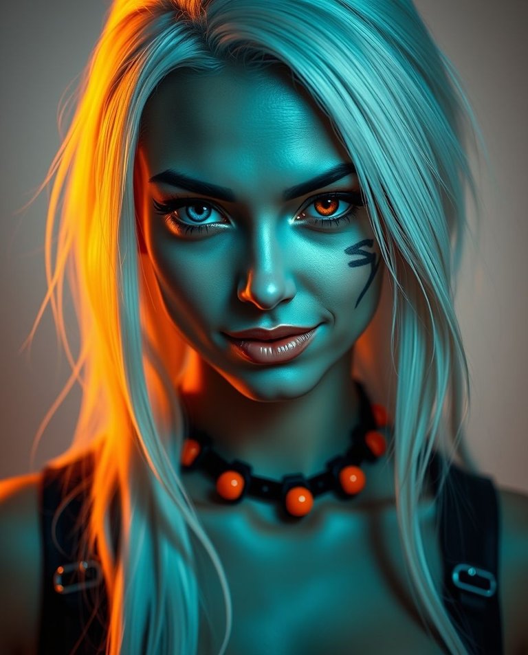 Rich deep teal portrait. A light-skinned female with long, white, stylized hair, one blue eye, one amber-orange eye, a black facial tattoo, and a mischievous smirk. She wears black and orange accessories. Dramatic .jpg