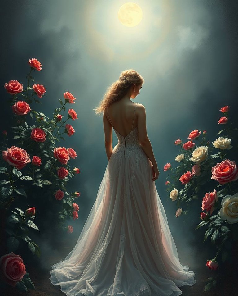 Classic oil painting style, volumetric lighting.  Visible light beams through dust or fog. Rich textures and visible brushstrokes. A woman in an elegant gown walks through a moonlit rose garden.  Roses in shades of.jpg