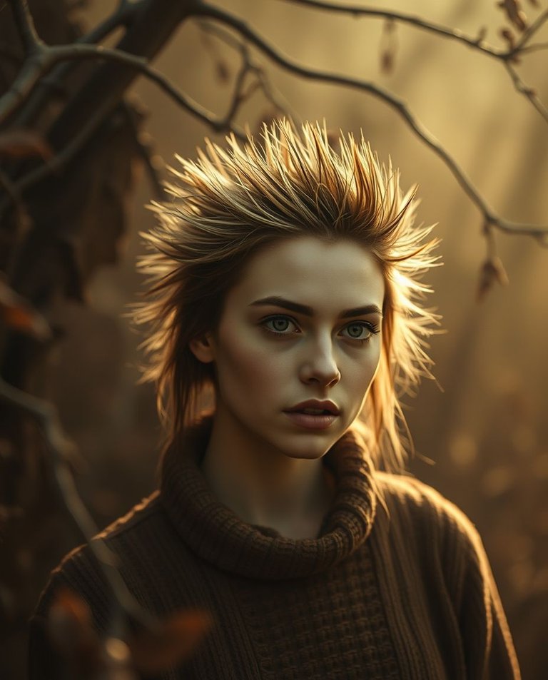 A dramatic cinematic style image in natural earth tones, featuring a beautiful woman with spiky hedgehog hair in a mystic enchanting environment.  The composition uses film-like lighting, gentle color contrasts, an.jpg