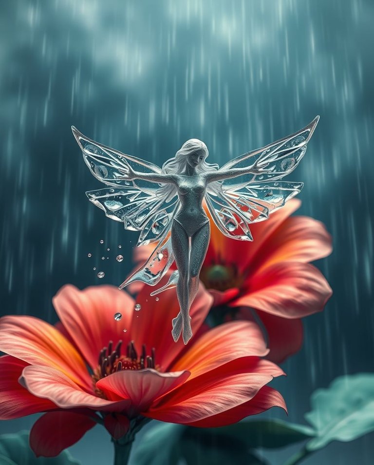 Intricate origami style depicts a mesmerizing winged woman made of water droplets, frozen mid-air near a vibrant flower amidst intense dramatic weather. Her transparent form shimmers with refracted sunlight, tiny w.jpg