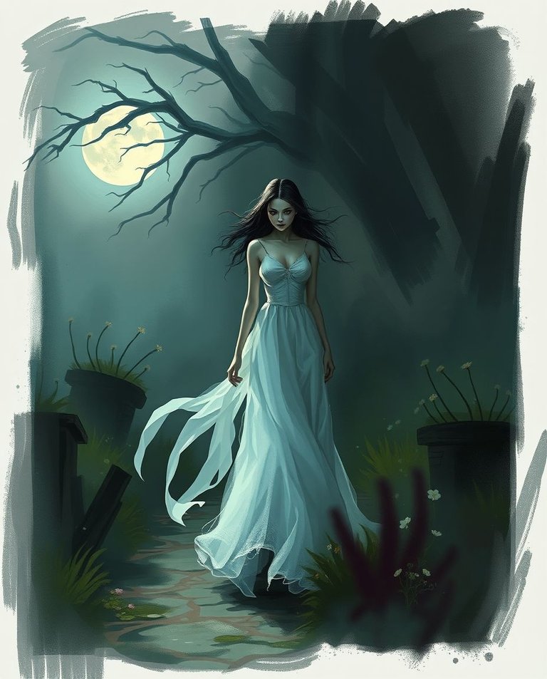 A dynamic digital sketch with loose painterly strokes, eerie atmosphere. Complementary epic colors and atmospheric mist. A mystical woman in a flowing white gown, with luminescent skin and ancient eyes, walks a moo.jpg