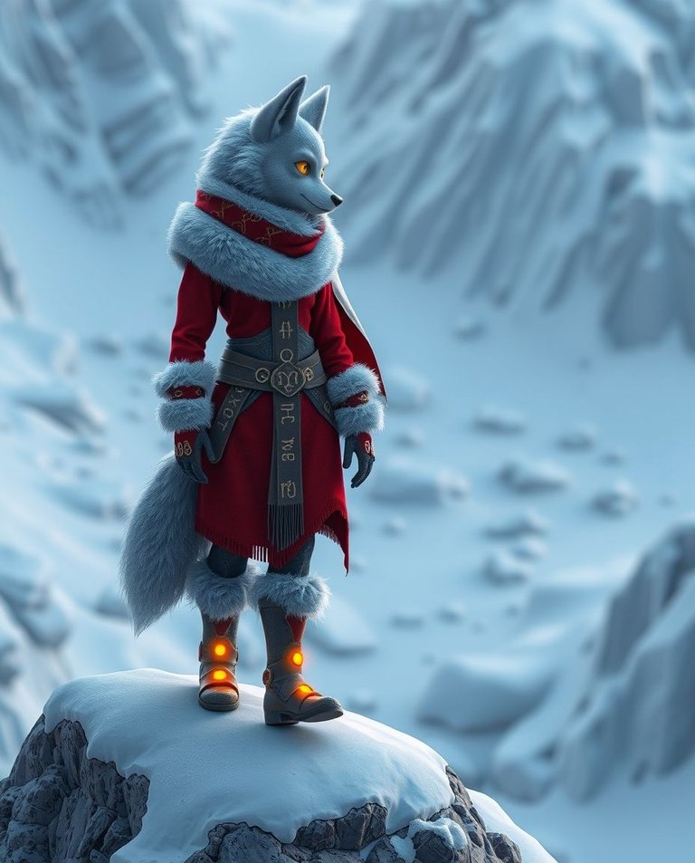 High-definition 3D animation A strong, wise female wolf-human stands on a snow-covered rock, gazing across a frozen landscape.  Her crimson tunic, fur-lined boots, and scarf are embroidered with glowing runes.  Her.jpg