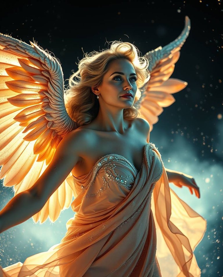 Strong hard light. A celestial angel, mature woman with refined features, glides gracefully through iridescent gas and stardust. Her starry dust attire and wings shimmer,  direct harsh shadows emphasize her form an.jpg