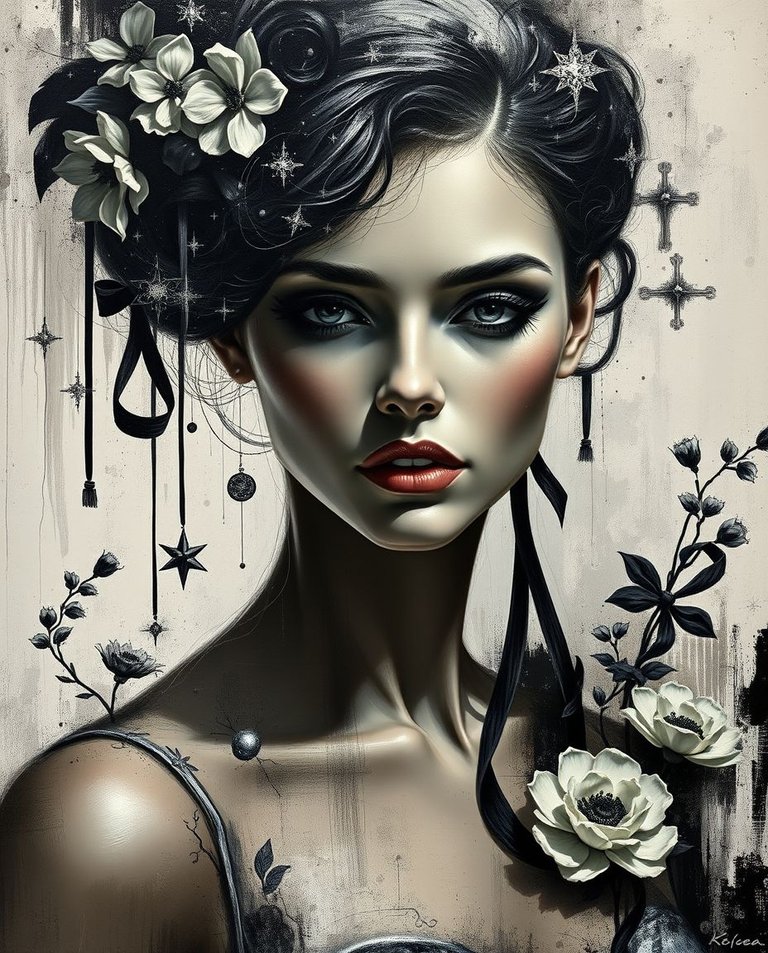 8k resolution oil painting in classic black and white, depicting a timeless and elegant woman with tan skin, artistic lighting, and abstract patterns. Surreal, abstract, gothic art style, intricate details, heavy s.jpg