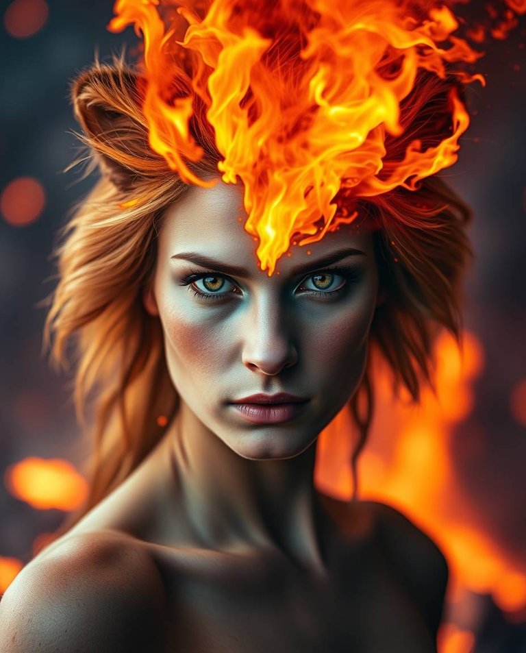 Blurred bokeh effect, vibrant complementary colors. A woman with light skin transforming into a lion in a scorched battlefield. Molten fire engulfs her, pulsing lava drips. Her face shifts, fierce lion features eme.jpg