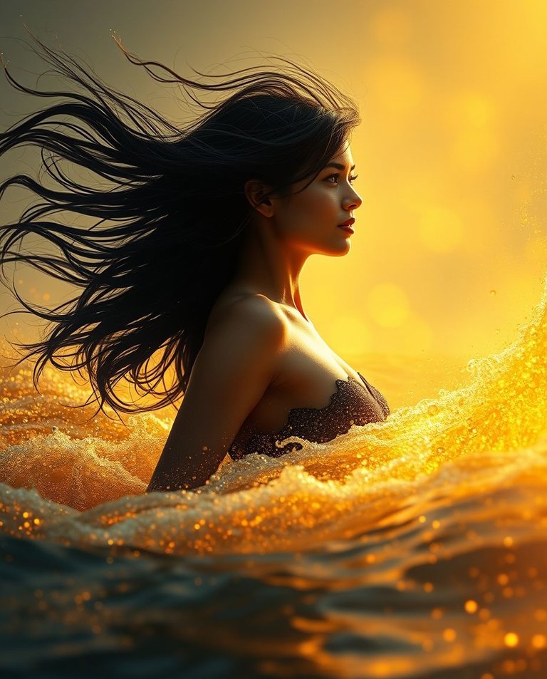 Epic, modern future scene with lens glow lighting and vibrant complementary colors. A photorealistic image of a woman with flowing black hair rising from the ocean, golden embers swirling around her. Soft golden li.jpg