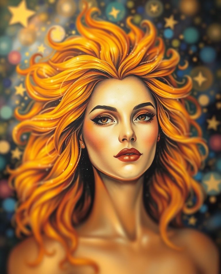 A painting with a blurred bokeh effect and bright vibrant colors showing a radiant woman centered in the Leo constellation. Her hair, reminiscent of a lion’s mane, glows with celestial golds and fiery hues. Her con.jpg