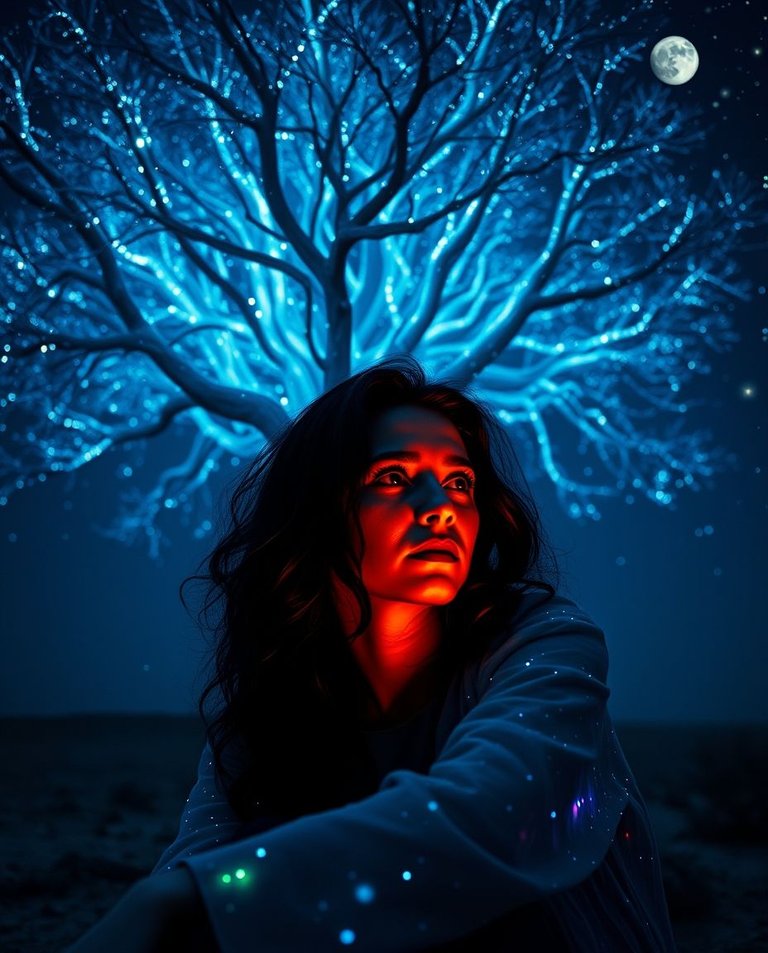 A dramatic cinematic film still depicting a lone woman with olive skin and dark hair, half her face illuminated by starlight, sitting beneath a bioluminescent cosmic tree. Iridescent colors dominate, reflecting in .jpg