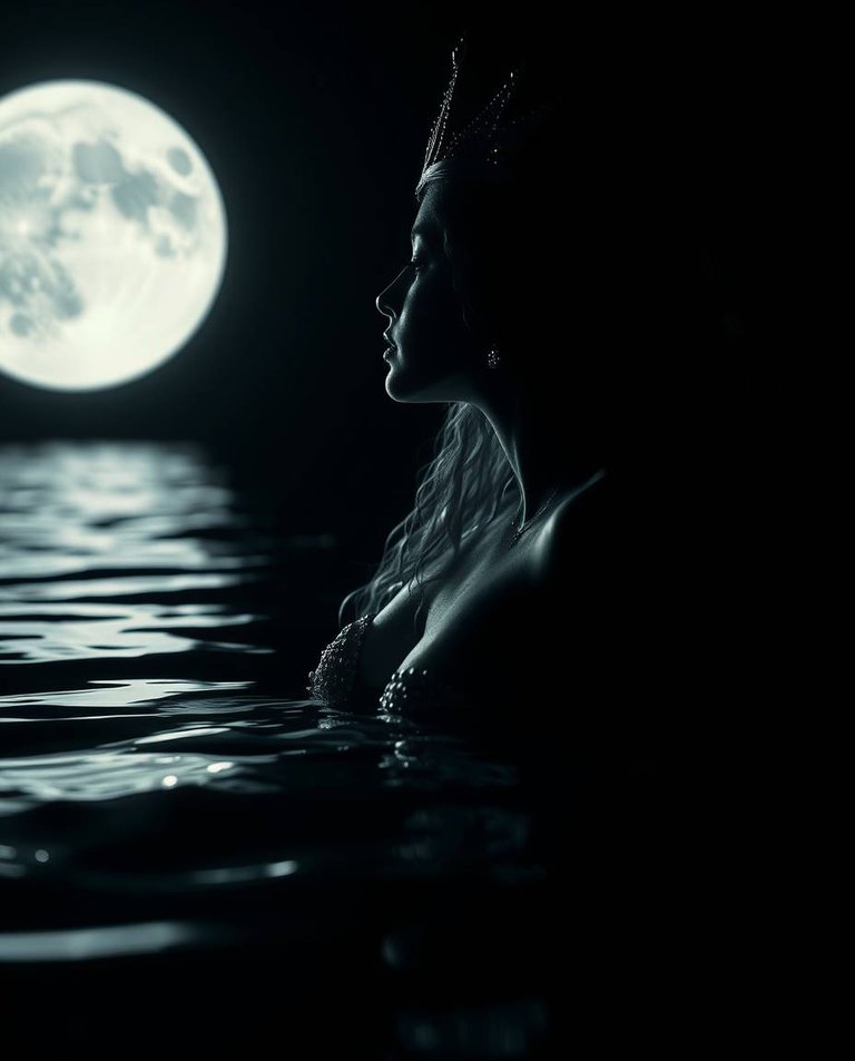 Intense jet black, chiaroscuro lighting. Cinematic photograph of a silver siren mermaid queen, half-submerged, admiring the full moon. Strong contrasts, deep shadows, pure black.jpg