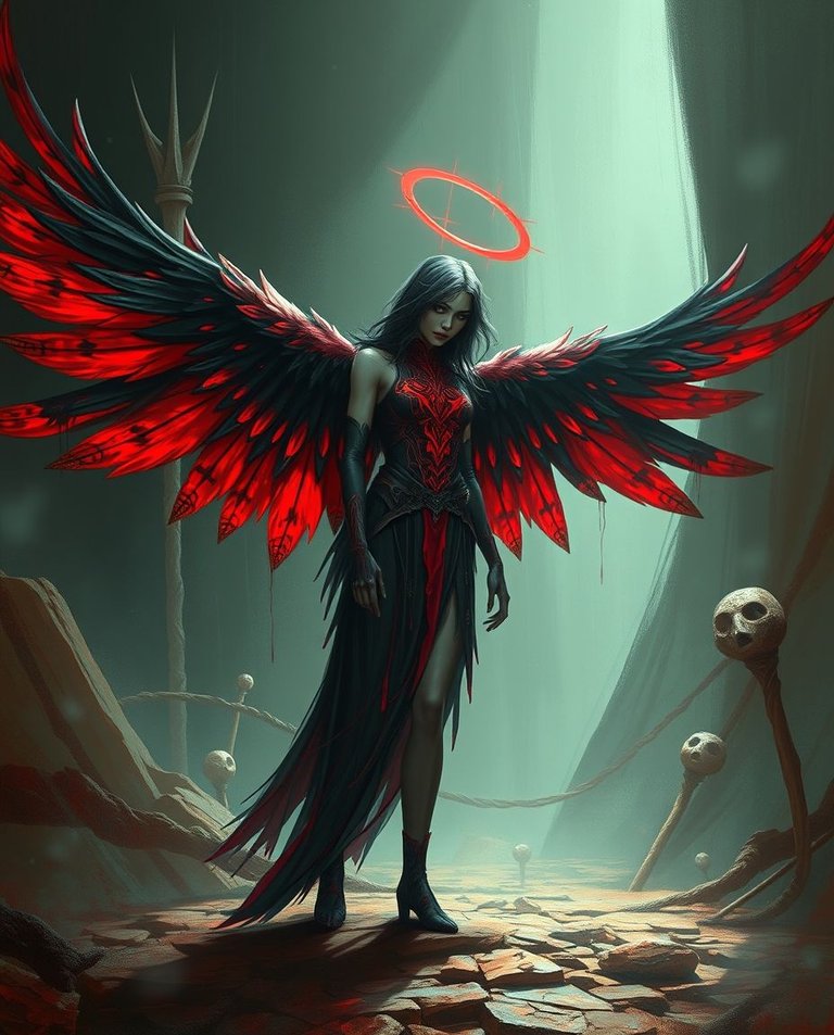 A digital painting in a surreal, high-contrast style.  A fallen angel with red and black wings stands in a dimly lit, ancient landscape.  Bright, vibrant colors accentuate her striking features and patterned feathe.jpg