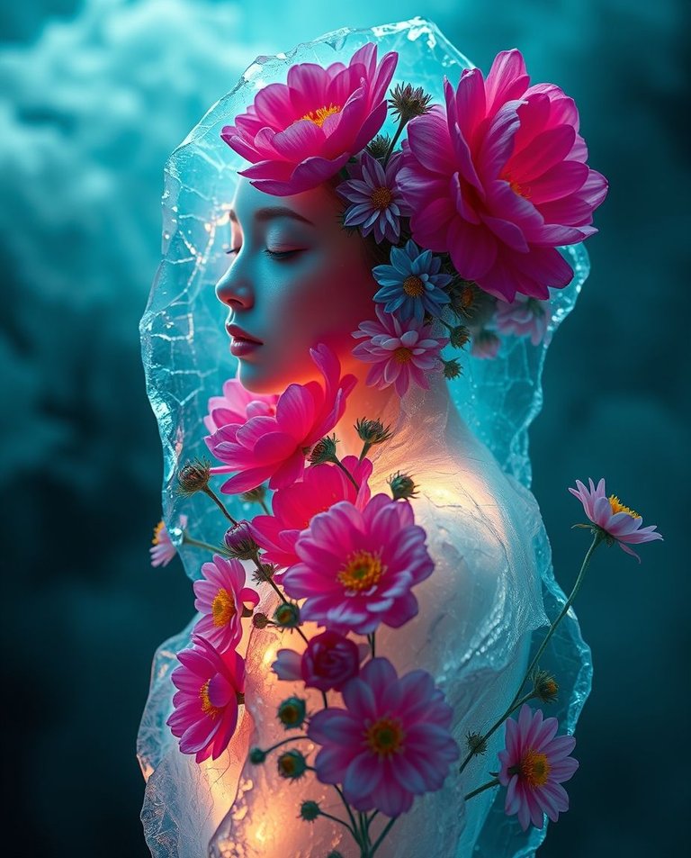 Soft, dreamy atmosphere, glowing bioluminescent colors. An ethereal female figure, with delicate features and pale skin, encased in translucent, cracked ice, adorned with vibrant peonies, dahlias, lotuses, and mead.jpg