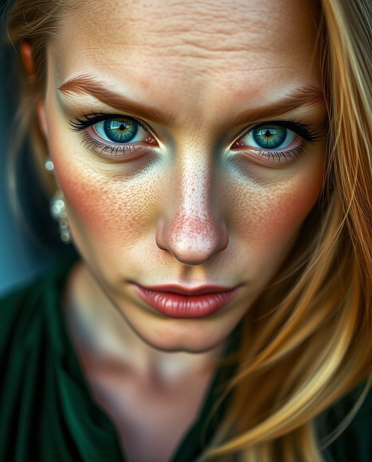 Extreme macro close-up, small subject detail. Blonde woman, thirties, piercing green eyes, prominent forehead, dark green velour gown, exquisite detail.jpg