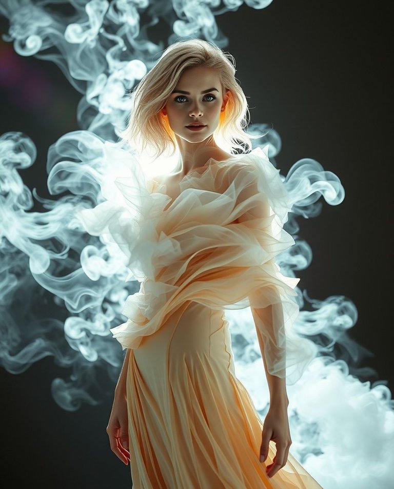 Layered papier-mâché material with bright lens flare. A beautiful woman with light hair and gray eyes, in a long, form-fitting dress, dissolves into swirling smoke, forming an abstract cloud. .jpg