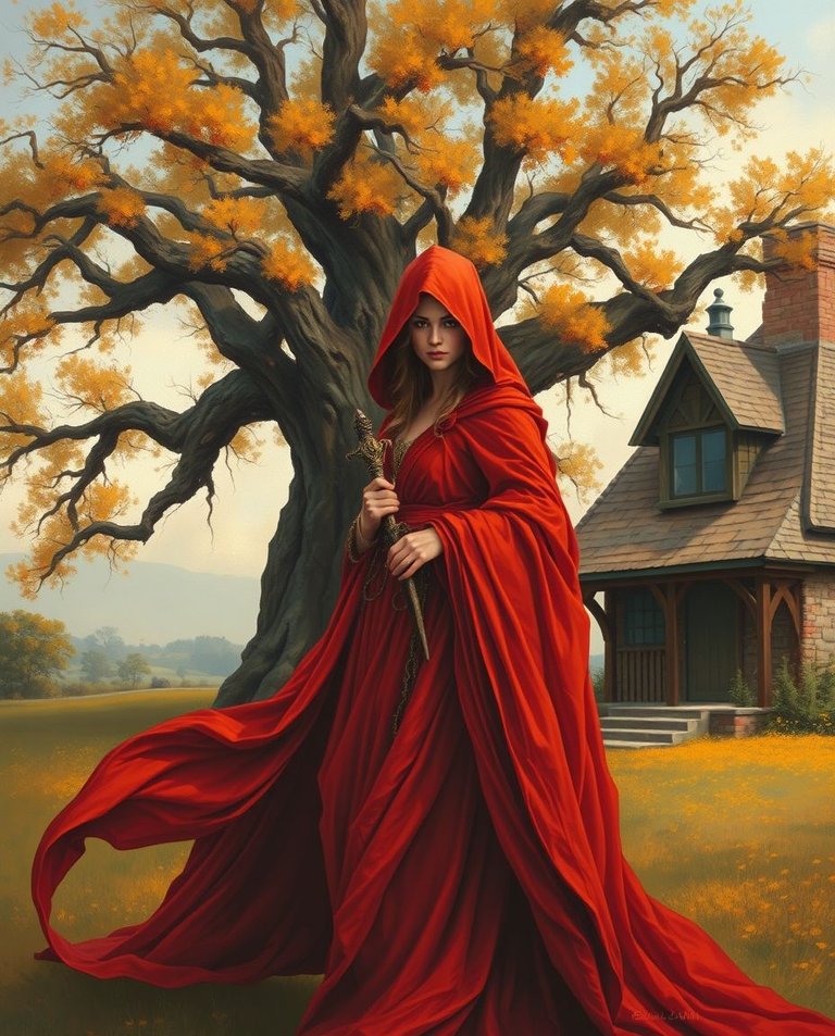 A painting of a strikingly enigmatic sorceress with flowing crimson robes before a majestic oak tree by a rustic cottage.  Warm colors of reds, oranges, and yellows are used to create a warm, inviting atmosphere.  .jpg