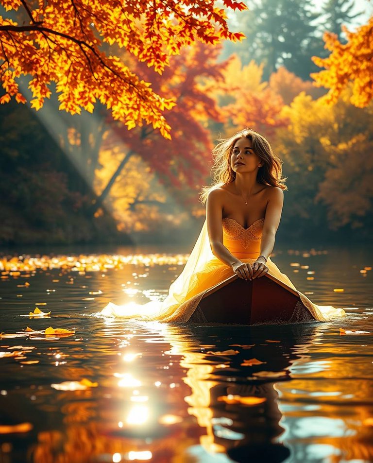 Bright vibrant colors. A graceful autumn goddess with glowing skin glides across a tranquil lake amidst vibrant red, amber, and yellow trees.  Lively and energetic palette, golden leaves scattered on water, sunligh.jpg