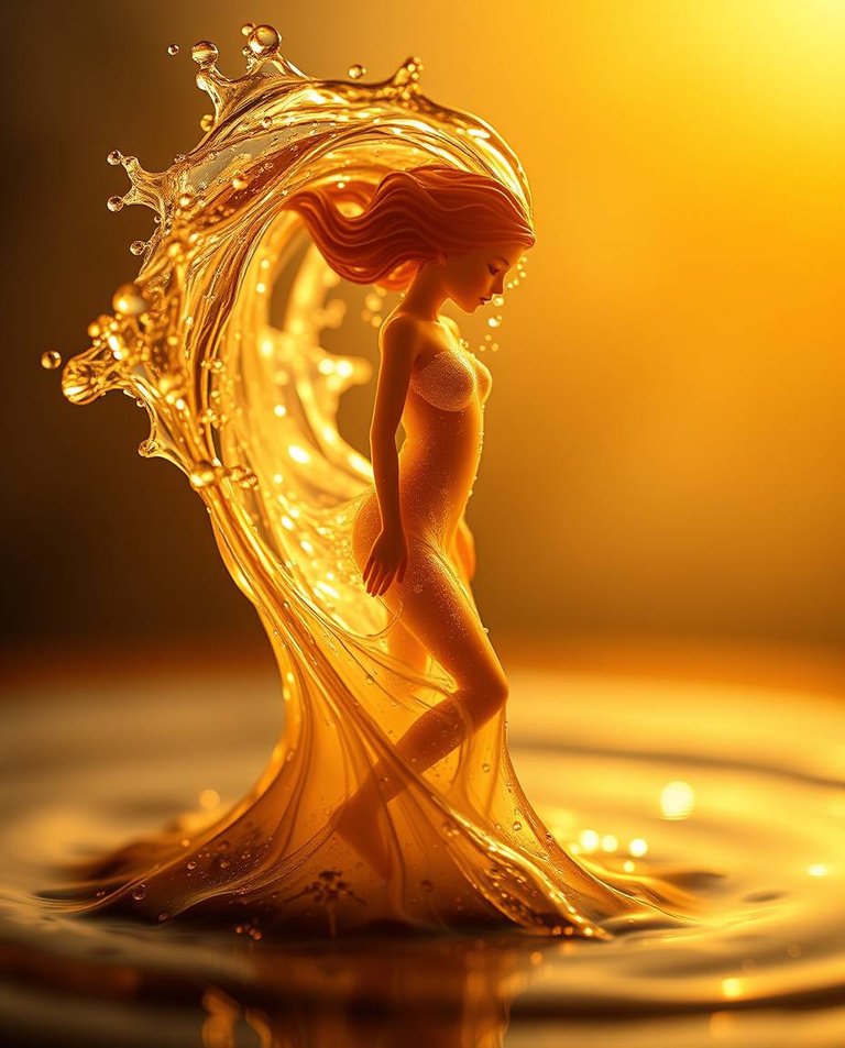 Extreme macro close-up, warm golden hour light, showcasing detailed water swirl figure in a flowing liquid gown, soft light, small subject detail, translucent form.jpg