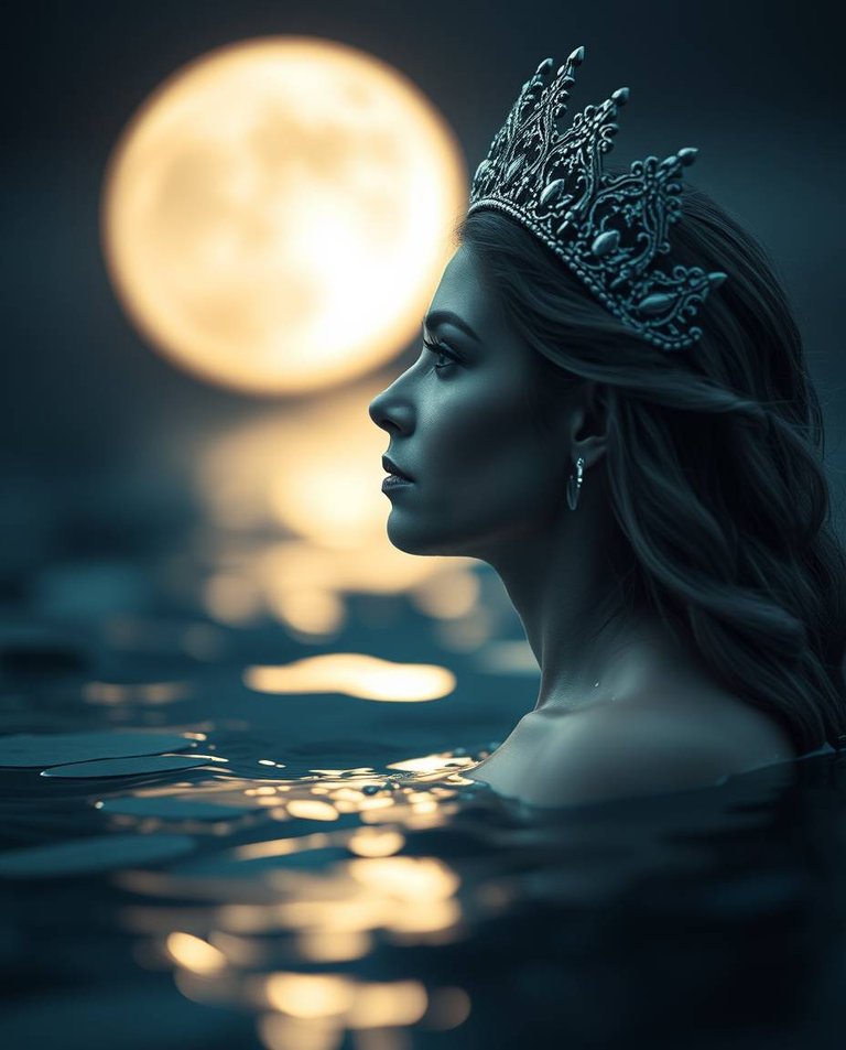 A cinematic photograph a sharp focus on a silver mermaid queen, half-submerged, admiring the moon. A blurred bokeh effect softens the background, creating low contrast and a moody style.jpg