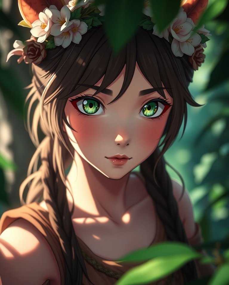 A close-up cinematic keyframe of a nymph with striking green eyes wearing an earth-toned tunic and floral wreath.  Gentle soft light, diffused shadows, subtle illumination. Lush forest foliage, stylized anime reali.jpg