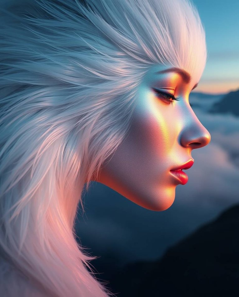 Smooth gradient transition, extreme close-up.  Iridescent colors reflecting on the detailed fur of a transforming woman atop a misty mountain. Refined facial features, seamless color blending, graceful and elegant .jpg