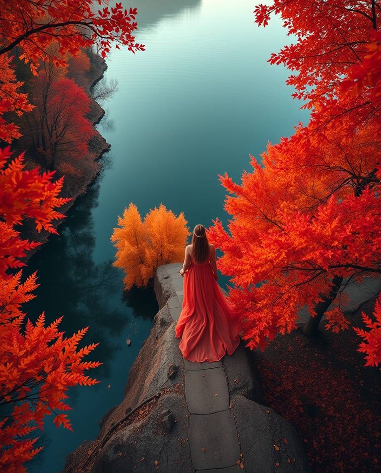 High-angle perspective of a warm-toned scene An autumn goddess strides across a tranquil lake, surrounded by trees glowing with reds, oranges, and yellows. Elevated viewpoint, warm colors, looking down.jpg