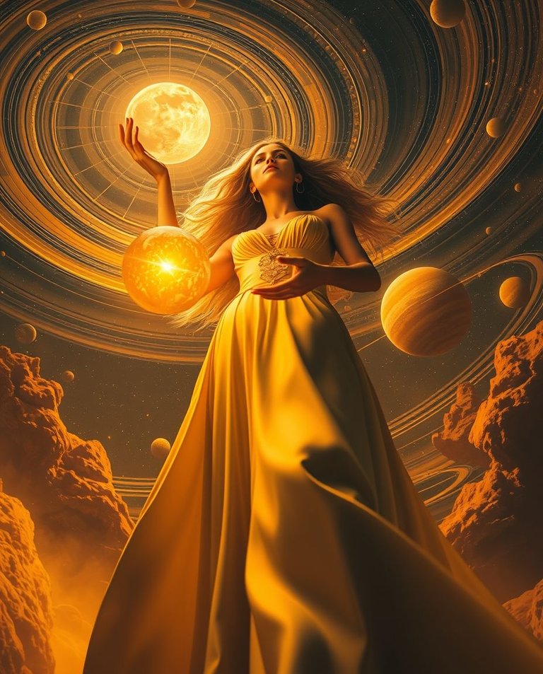 A surreal solar system scene bathed in a warm golden glow from a low angle perspective. A celestial guardian woman in a flowing dress holds a radiant glowing orb.  Swirling planetary orbits and a starry night sky c.jpg