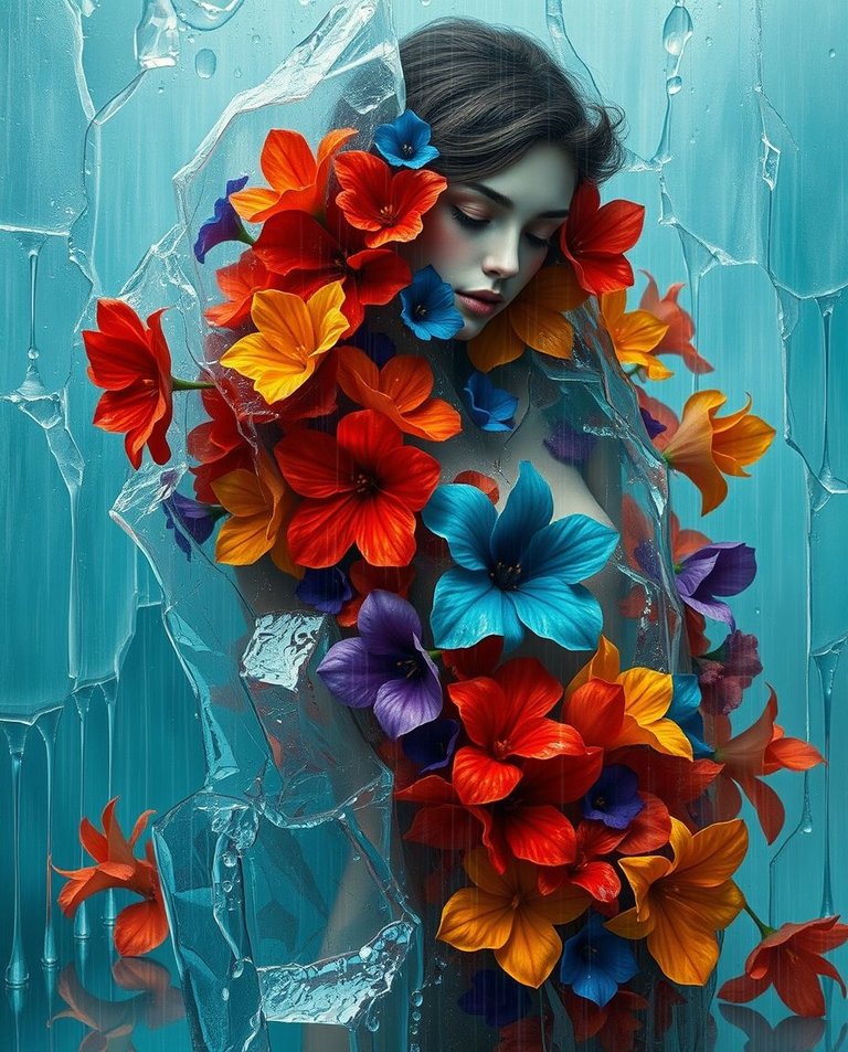 Warm terracotta and cool teal hues dominate a wet, rainy scene. An ethereal female figure, encased in cracked, glistening ice, is covered in crimson, violet, azure, and golden flowers.  Drizzling rain creates refle.jpg