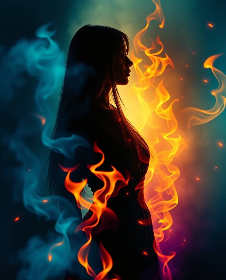 A dreamlike, surreal image depicting the silhouette of a beautiful Ukrainian woman with straight chestnut hair and simple dress, engulfed in flames with a cool color palette. Blues, greens, and purples accentuate f.jpg