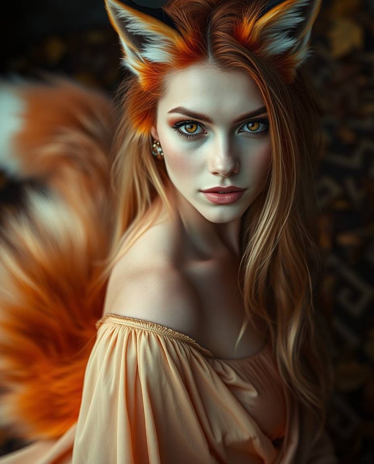 Warm autumn colors, tight close-up shot. A woman, once a fox, with fiery red and gold fur transitioning to a flowing gown. Her amber eyes glow with an otherworldly allure. A shimmering tail trails behind her. Long,.jpg