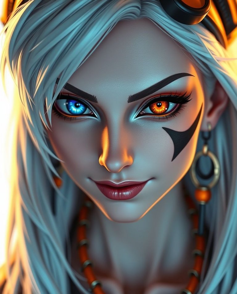 Extreme macro close-up, vibrant colors.  A female character with light skin, long, stylized white hair, one blue and one amber-orange eye.  Confident, mischievous expression, subtle smirk. Black face tattoo near ey.jpg