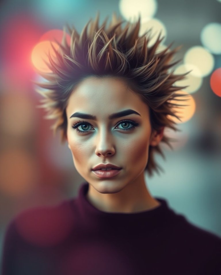 A modern flat design image with a blurred bokeh effect, featuring a beautiful woman with spiky hedgehog-like hair in the center.  The image uses cinematic coloring, abstract illusion, vivid colors, negative contras.jpg