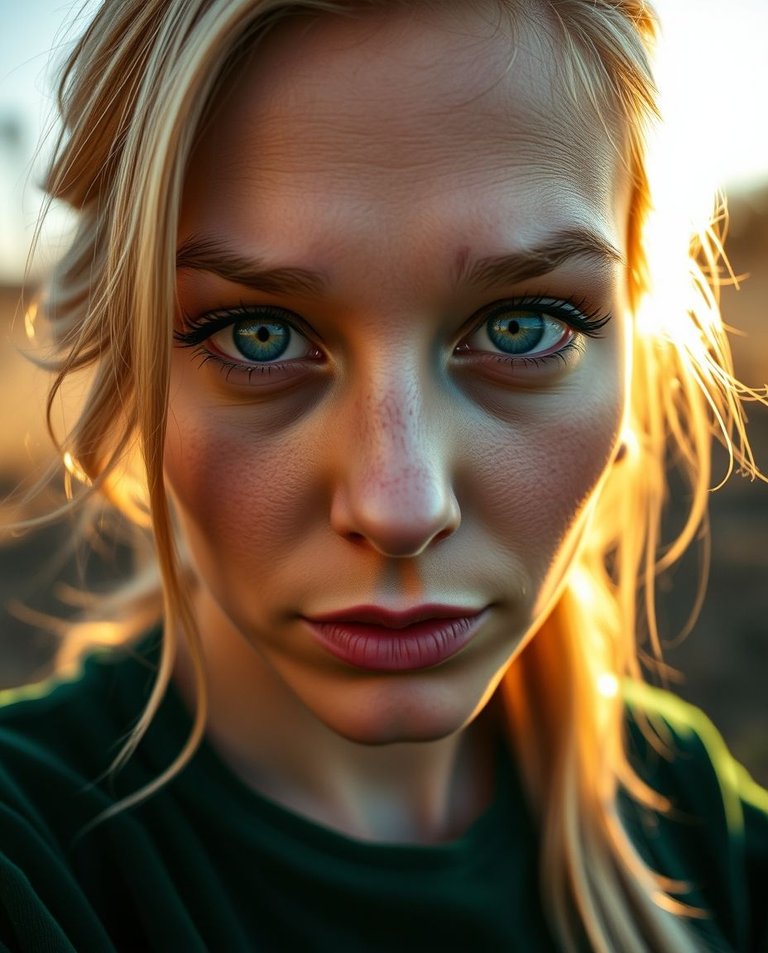 Extreme macro close-up in warm golden hour light. A woman in her thirties with blonde hair, piercing green eyes, prominent forehead, large straight nose, and defined cheekbones, wearing a dark green velour dress. S.jpg