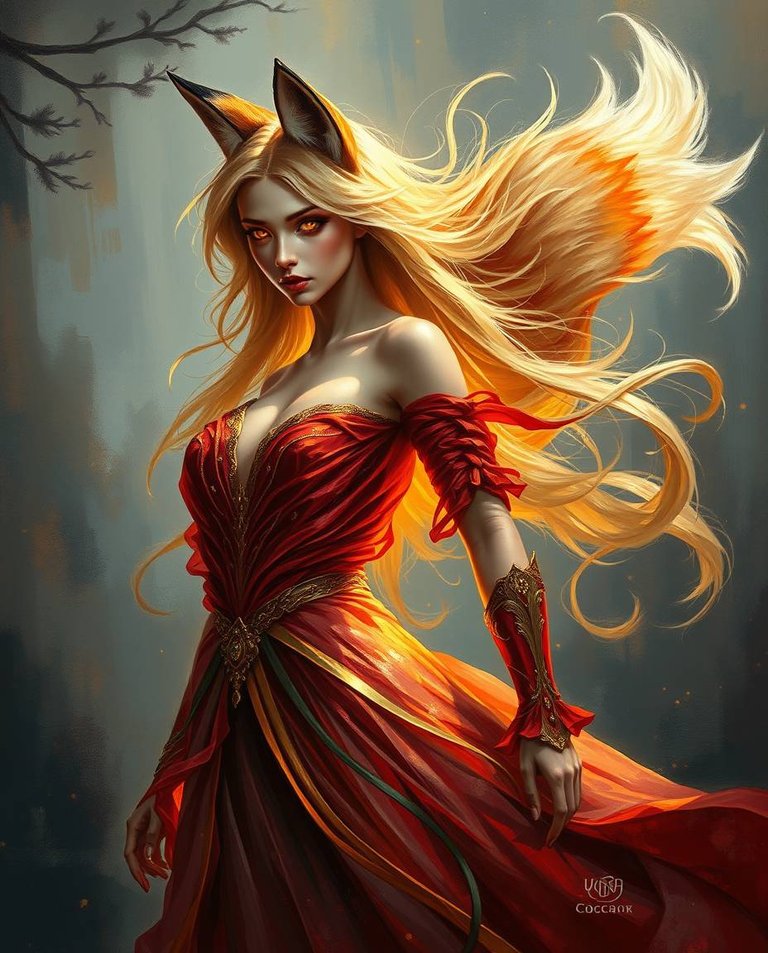 Epic scene, classic oil painting style, modern future setting, lens glow lighting. A woman, transformed from a fox, with a fiery red and gold gown, retains wild features.  Her amber eyes glow. Her luminous tail tra.jpg