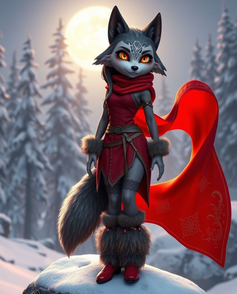 High-quality 3D animation of a female wolf-human hybrid, her scarred face and golden eyes glowing with ethereal light.  She wears a crimson tunic, fur boots, and a flowing crimson scarf with gold embroidery, standi.jpg