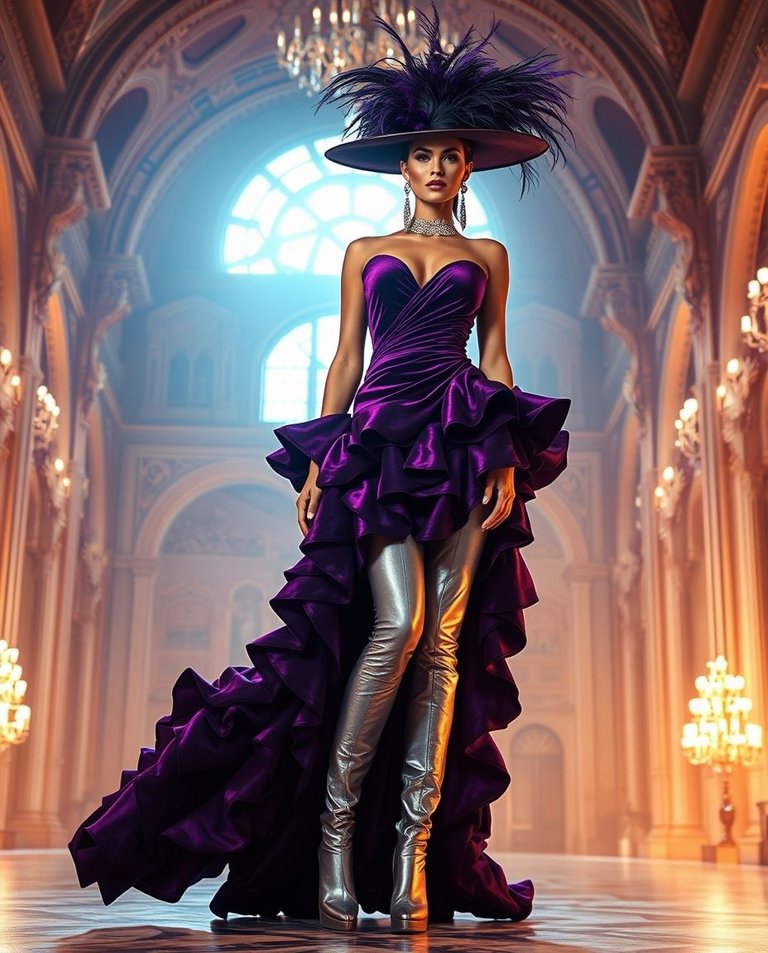 An epic, amazing lens glow lighting effect on a modern future grand epic scene. An elegant woman with strong jawline and tan skin wearing a royal purple asymmetrical velvet gown with exaggerated ruffles, silver thi.jpg