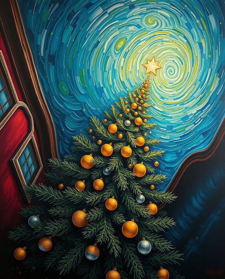 Oil painting, high angle perspective, rich burgundy deep blue, Van Gogh style Christmas scene, Christmas tree, golden silver ornaments, warm green gold energy, swirling blue sky, radiant star, sophisticated elegant.jpg