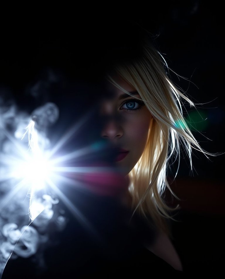 Extreme macro close-up, intense jet black, bright lens flare. A woman with light hair and gray eyes, in a long dress, dissolves into pure black smoke, deep shadows, light streaks, vibrant colo.jpg