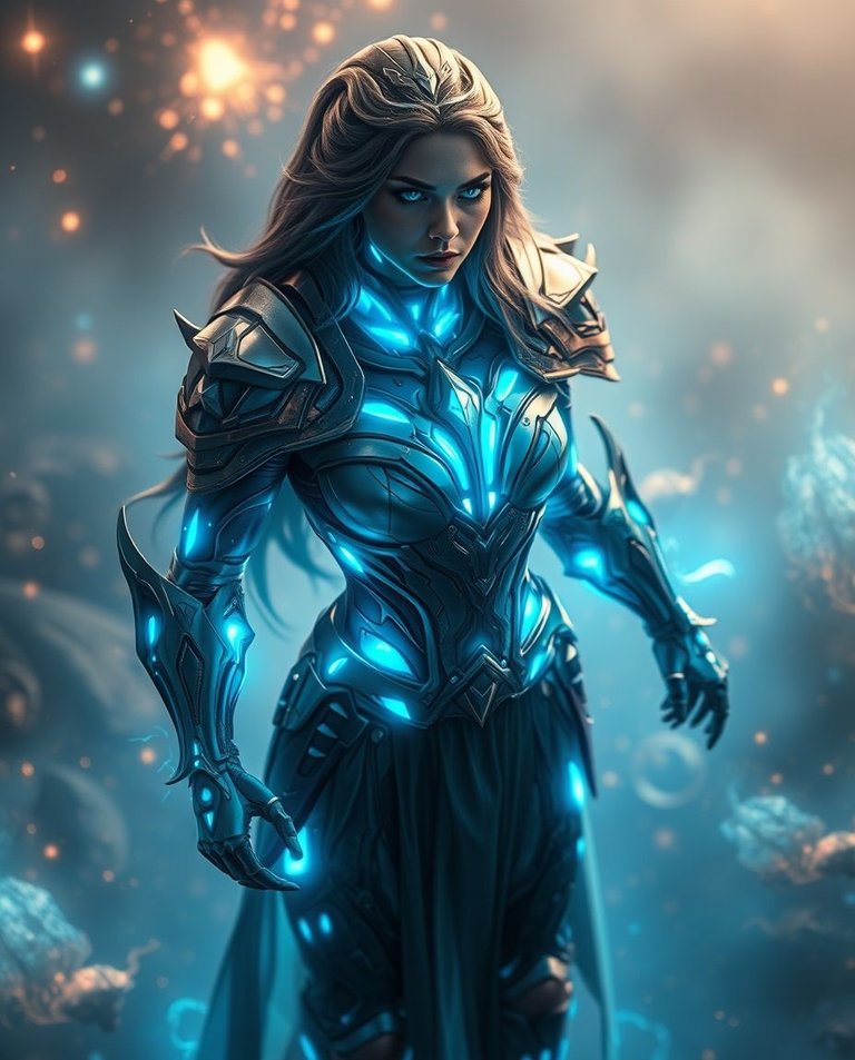 High-angle perspective with a soft cinematic haze. A majestic, god-like warrior woman, with piercing blue eyes and an ethereal blue aura, stands amidst glowing energy. Her powerful physique is clad in futuristic ar.jpg