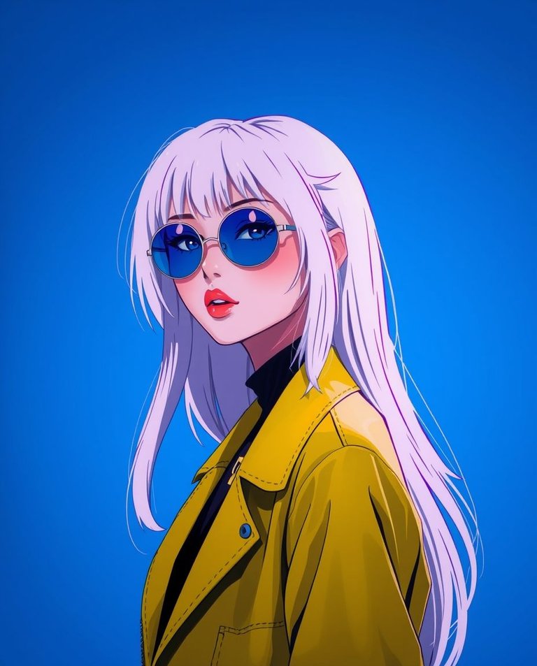 Surreal infrared tones create unique lighting in this creative light art piece.  A stylish anime woman with long white hair, round blue sunglasses, and a vibrant yellow jacket is featured against a solid bold blue .jpg