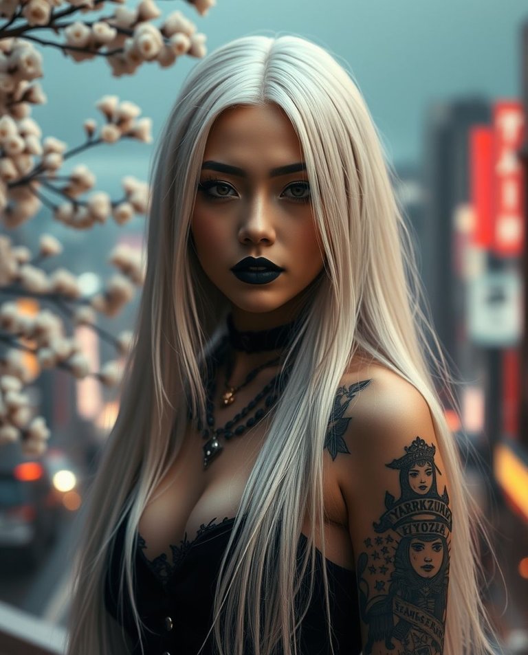 A 27-year-old beautiful Japanese gothic woman with very long white hair, grey eyes, and black lipstick, showcasing Yakuza tattoos. The Tokyo cityscape, blurred with white cherry blossoms, forms a hazy background.  .jpg