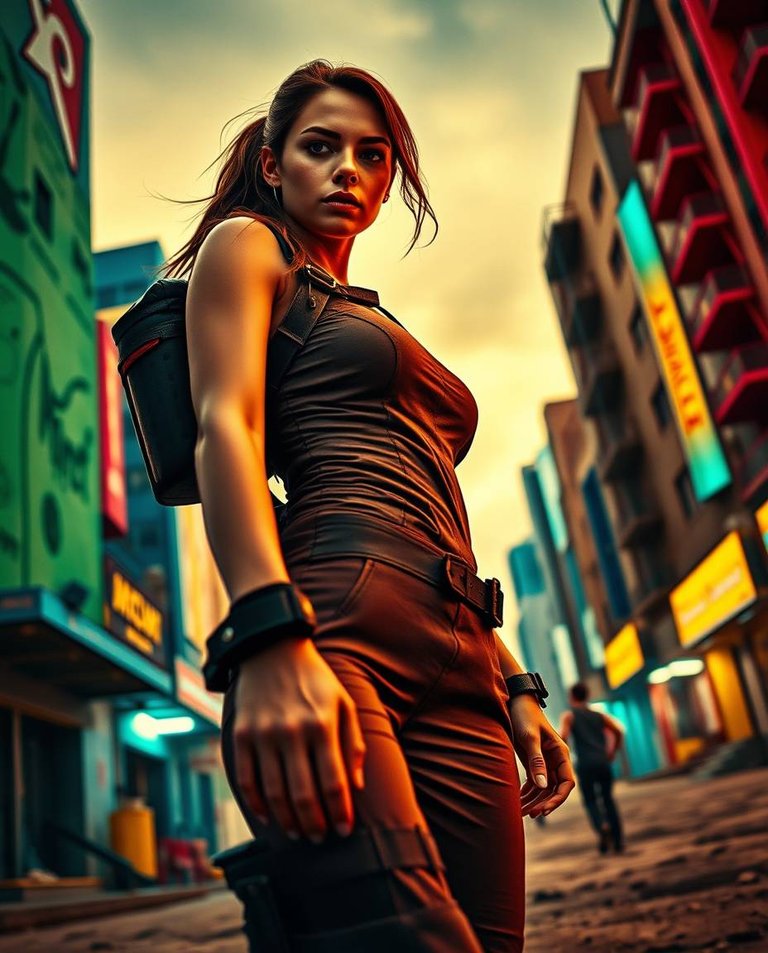 From a low angle, a cinematic photo shows a female adventurer with striking features and a confident pose, in a fitted jumpsuit, against a vibrant, post-apocalyptic cityscape.  Complementary colors and a dramatic p.jpg