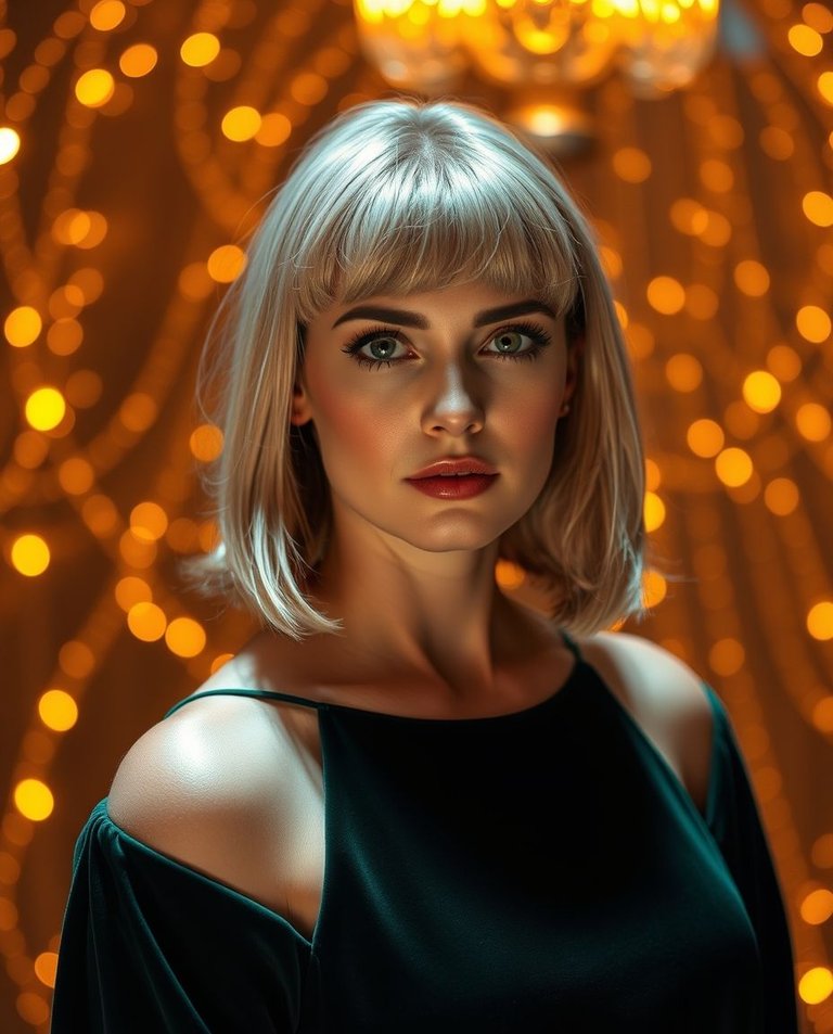 Creative light art, warm golden glow, radiant and luxurious, artistic lighting, abstract patterns, blonde woman thirties, green eyes, prominent forehead, straight nose, defined cheekbones, bob hairstyle, bangs, eve.jpg