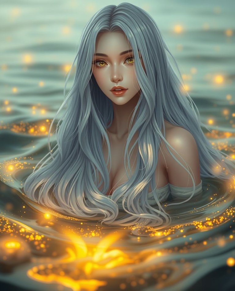 Isekai anime style with a soft, dreamy atmosphere and iridescent colors. Photorealistic image of a woman with long, flowing silver hair emerging from ocean depths, surrounded by golden embers.  Soft golden light, i.jpg