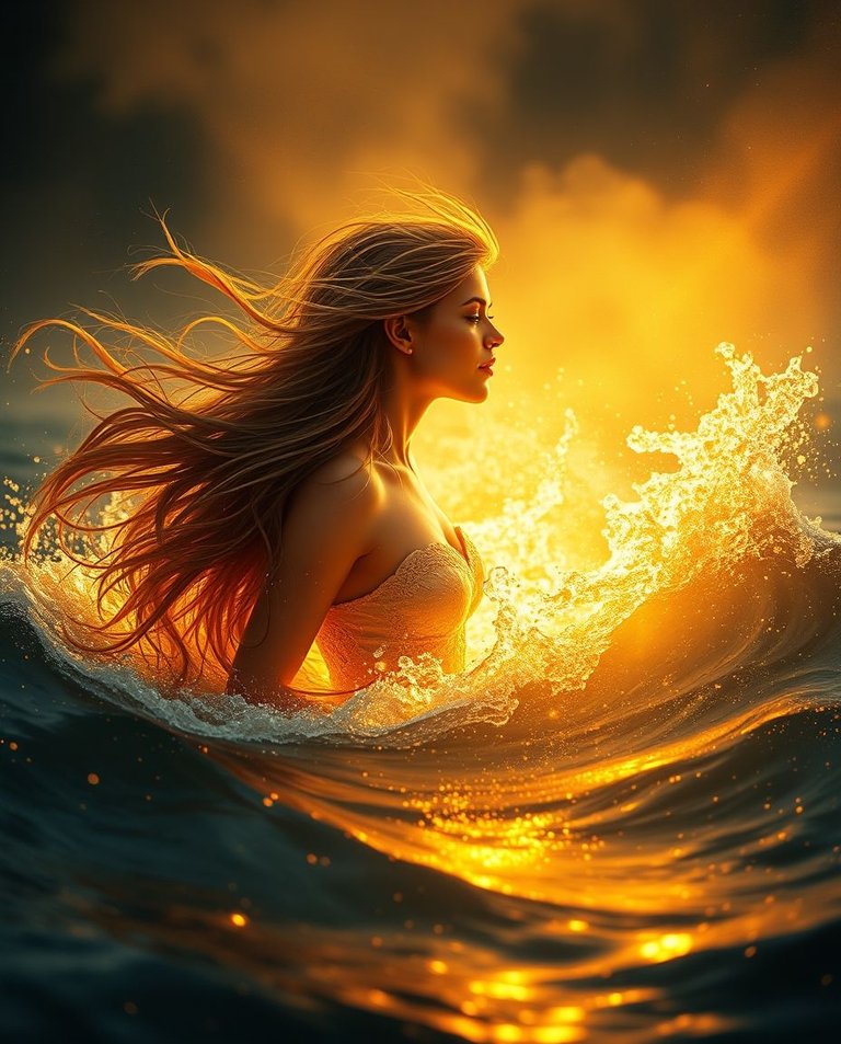 Photorealistic image a woman with long flowing hair rising from ocean depths, golden embers swirling around her, soft golden light, shimmering water reflections, volumetric lighting, visible light beams through dus.jpg